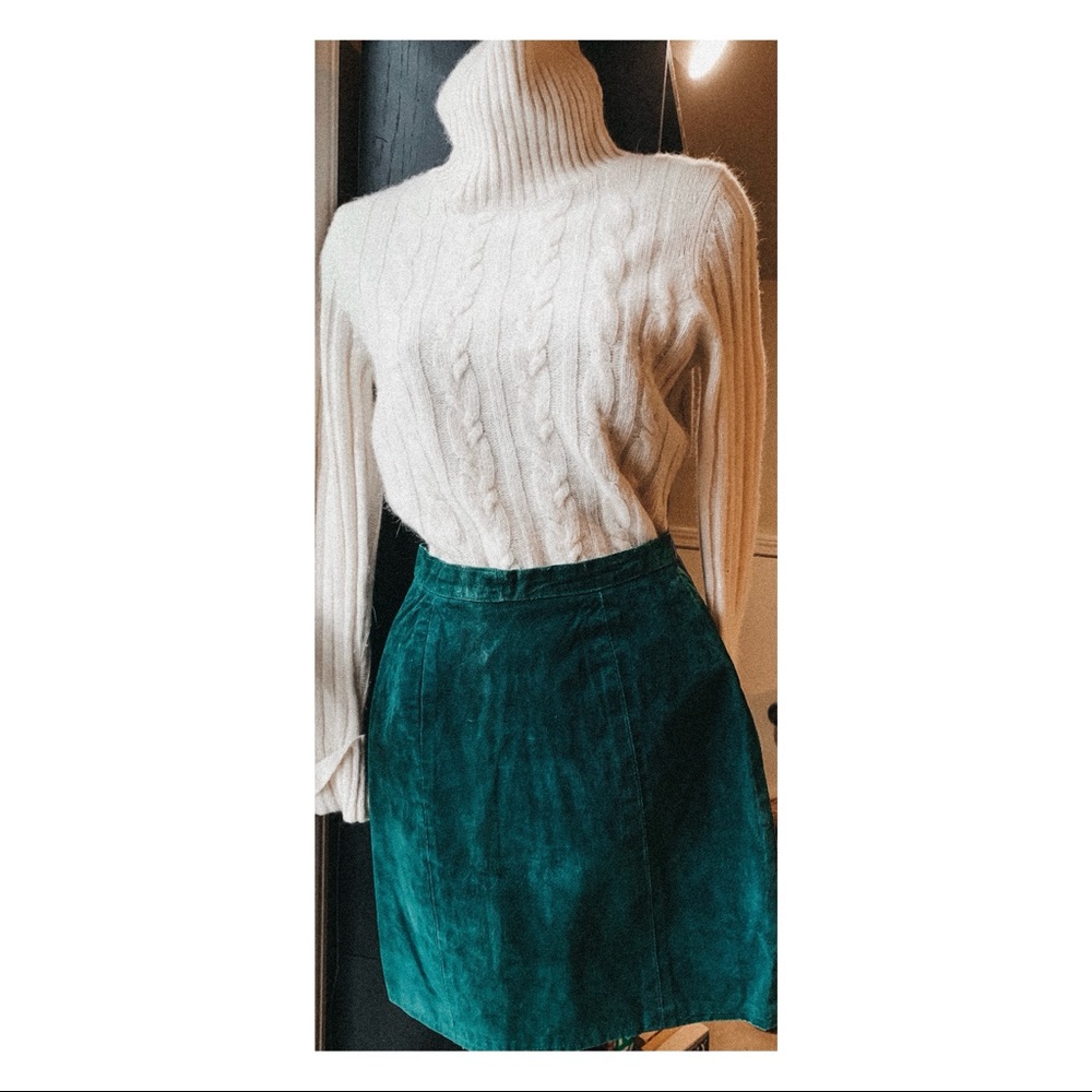Vintage dark green/teal suede leather mini skirt